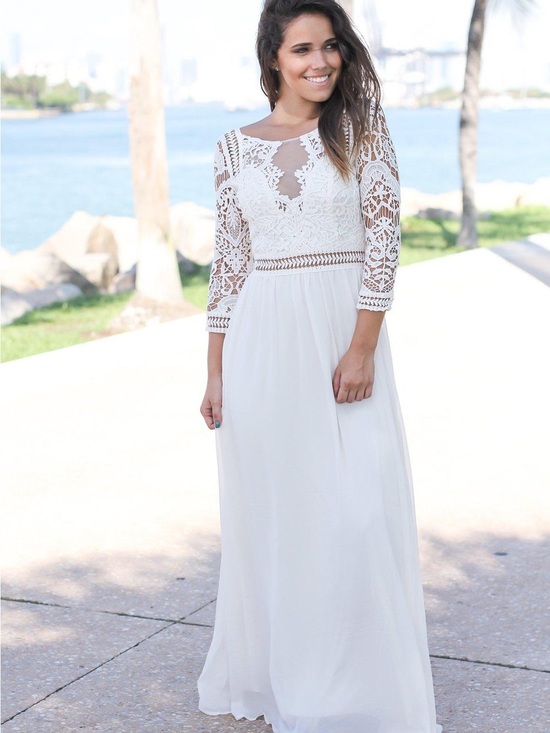 Dresses & Skirts - Ivory Lace Bodice Maxi Dress with Crochet Sleeves